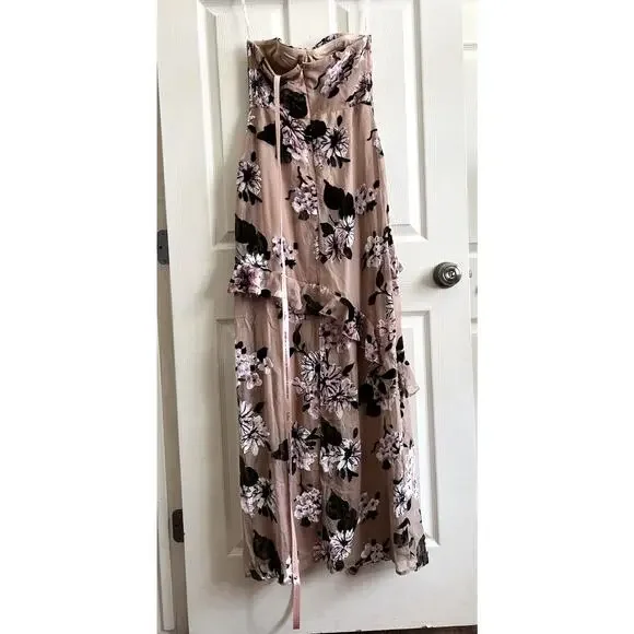 LULUS Chelisa Beige Velvet Floral Ruffled Bustier Strapless Maxi Dress Sz S NWT - Picture 8 of 14